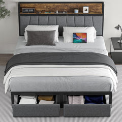 Queen Size Bed Frame with Headboard and Storage, Drawers Platform Bed Frame with Storage Chargin Station LED Light Bedframe, Heavy Duty, No Box Spring Needed
