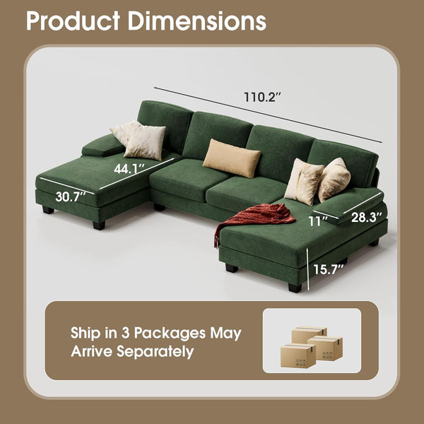 Sectional Couches for Living Room, U-Shaped Sofa Couch with Linen Fabric, 4 Seat Sofa Set with Double Chaise for Apartment (Fabric, Green)