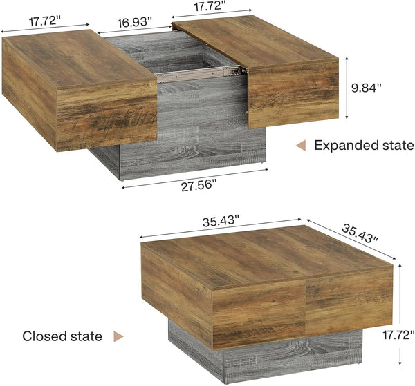 35.4"-52.3" Extendable Farmhouse Coffee Table, Living Room Center Table with Storage, Expandable Wooden Coffee Table for Small Spaces, Coffee Tables for Living Room (1, Brown+Grey)