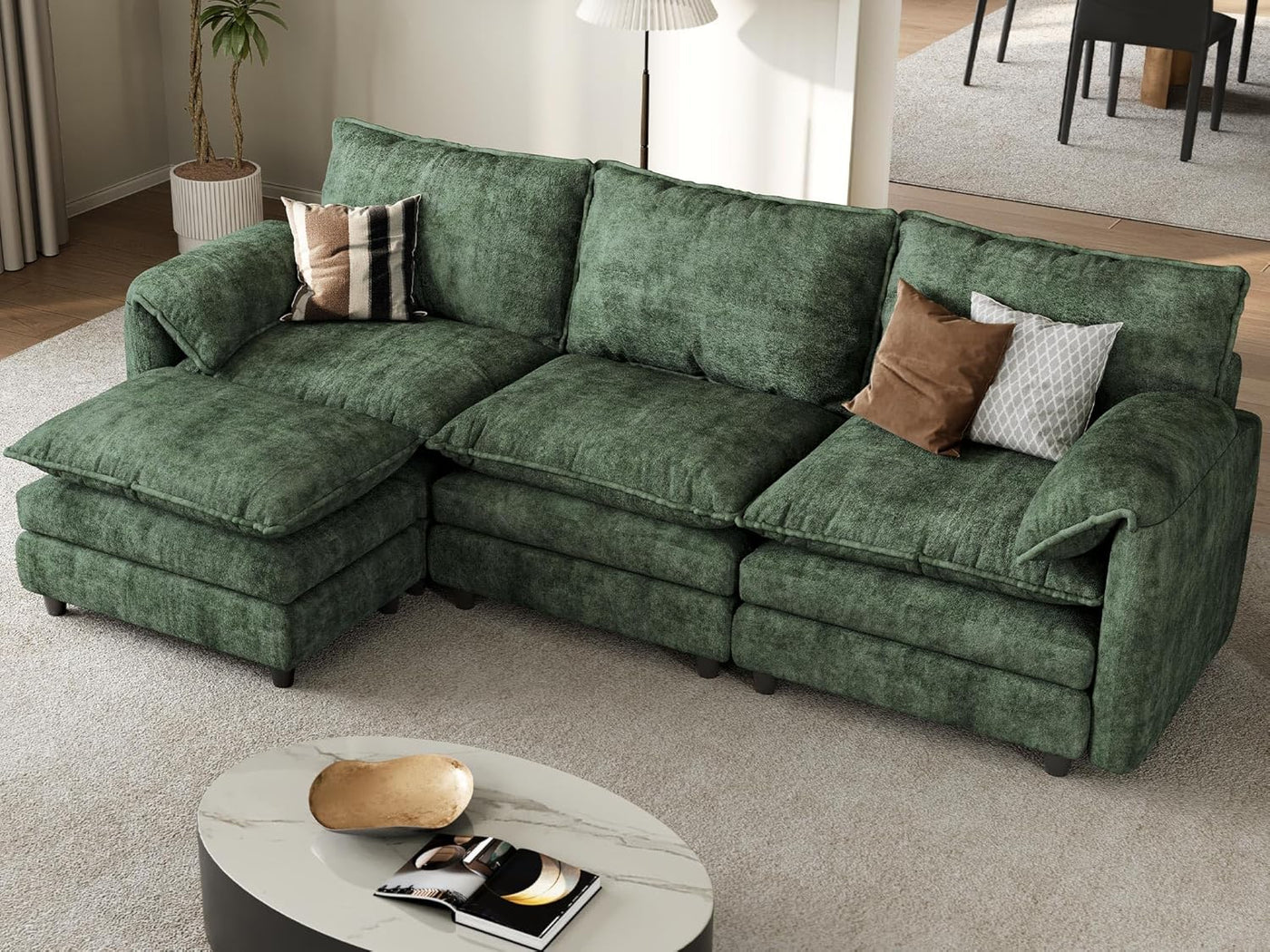 108" Modular Sectional Sofa with Movable Ottoman, Modern L Shaped Couch with Pillow-Armrest, Velvet 4 Deep Seat Cloud Couch for Living Room Apartment Office, Green