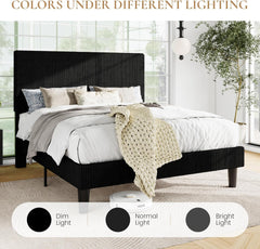 Full Bed Frame, Velvet Platform Bed Frame with Vertical Channel Tufted Headboard, Upholstered Corduroy, Strong Wooden Slats, Mattress Foundation, No Box Spring Needed, Easy Assembly, Black