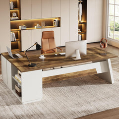 78" L-Shaped Executive Desk, Large Modern Office Desk with Drawers and File Cabinet, Business Furniture with Storage Shelves, Big Computer Desk for Home Office (Light Walnut + Black)