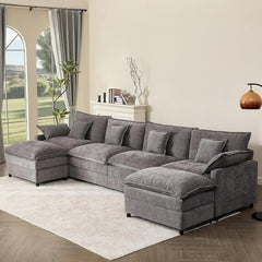 108" U Shaped Couch, Modular Sectional Sofa, 3-Seater Comfy Cloud Couch with Movable Ottoman, Deep Seat Couches for Living Room, Chenille, Flat White