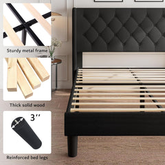 Queen Size Platform Bed Frame with Button Tufted Headboard, Upholstered Bed Frame with Solid Wooden Slats, 8" Underbed Space, No Box Spring Needed, Noise Free, Easy Assembly, Black