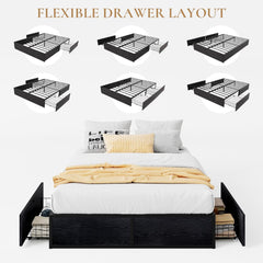 Full Platform Bed Frame with 2 Large Storage Drawers, Rustic Wood and Metal, Noise-Free, Easy Assembly, No Box Spring Needed, Black