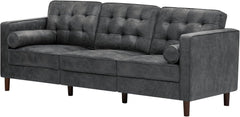 84" Suede Leather Sofa with 2 Soft Pillows, Tufted Modern Sofa with Sturdy Wooden Legs, 3 Seats Couch for Living Room, Office, Bedroom, Grey
