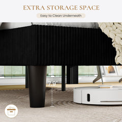 Full Bed Frame, Velvet Platform Bed Frame with Vertical Channel Tufted Headboard, Upholstered Corduroy, Strong Wooden Slats, Mattress Foundation, No Box Spring Needed, Easy Assembly, Black