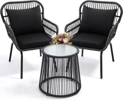 3 Pieces Bistro Set, Woven Rope Chair with Cushions, All Weather Patio Conversation Set and Side Table, Ideal for Deck, Balcony, Poolside, Black