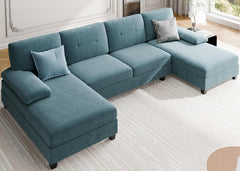 Sectional Couches for Living Room, U Shaped Couch 4- Seat Sectional Sofa with Double Chaise, Comfortable Fabric Large Sofa for Apartment (Grey)