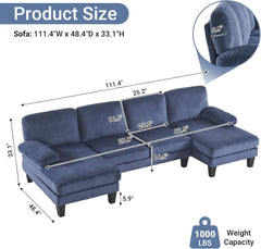 110" U-Shaped Sectional Sofa with Double Chaise, 4-Seat Corduroy Couch in Ocean Blue for Living Room Furniture