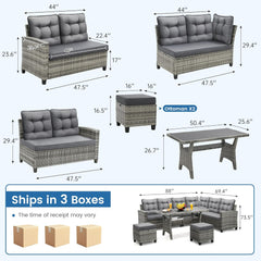 6-Piece Outdoor Patio Furniture Set - Sectional Sofa, Dining Table & Chairs Included, All-Weather Dining Set with Ottoman, Grey Wicker and Grey Cushions