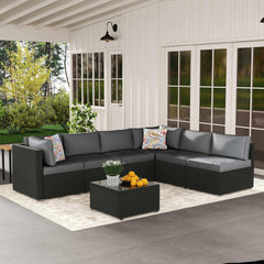 7-Piece Outdoor Patio Furniture Set – Handwoven All-Weather Rattan & 4” Thick Waterproof Cushions, Wicker Outdoor Conversation Sets with Coffee Table for Deck, Backyard, Garden