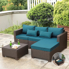 3 Pieces Patio Furniture Set Outdoor Sectional Wicker Patio Furniture Patio Couch with Ottoman and Outdoor Storage Table with Lining Weathering Anti-Slip Cushions Waterproof Covers, Peacock Blue