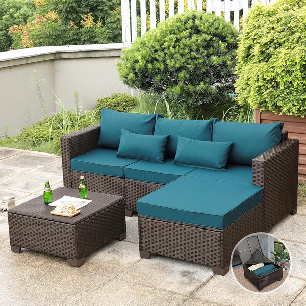 3 Pieces Patio Furniture Set Outdoor Sectional Wicker Patio Furniture Patio Couch with Ottoman and Outdoor Storage Table with Lining Weathering Anti-Slip Cushions Waterproof Covers, Peacock Blue