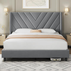 Queen Bed Frame Upholstered Platform Bed with Wing Side/Wooden Slat Support/Tufted Headboard with Wing Side/Mattress Foundation/No Box Spring Needed,Beige Queen Bed