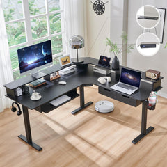 60 Inches L Shaped Electric Standing Desk, Height Adjustable Corner Gaming Desk with Drawers, Keyboard Tray, Power Outlets & LED Lights, Computer Desk with Monitor Shelf, Antique White