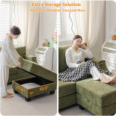 85" Sectional Couches with Storage Ottoman,L Shaped Couch with Armrest Organizer,3-Seater Sofa,Thick Cushions,Small Sofas for Living Room,Bedroom,Apartment,Chenille,Green