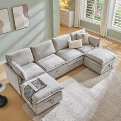 88.98" Modern U-Shaped Sectional Sofa with Ottoman and Storage, Chenille 3-Seater Couch with Deep Seat and Pillows for Living Room and Bedroom, Beige White