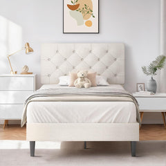 Queen Bed Frame with Headboard, Linen Fabric Upholstered Bed Frame Queen, Wood Slats Support, Button Tufted, No Box Spring Needed, White