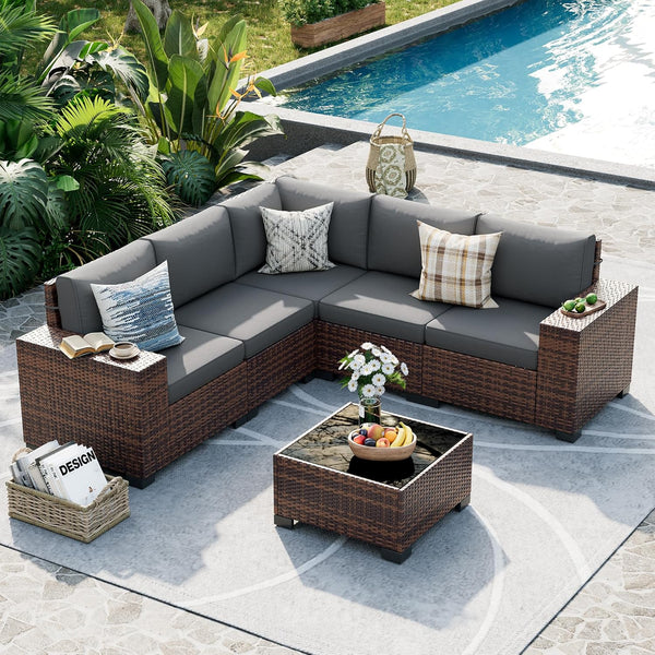 Patio Furniture Set, 8 Inch Armrest Outdoor Sectional Sofa, 6 Piece Wicker Outdoor Furniture Conversation Sets with Waterproof Cover and Coffee Table for Backyard Deck(Brown/Dark Grey)