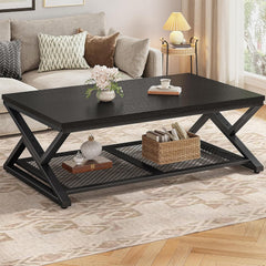 Coffee Table with Storage, Modern Coffee Tables for Living Room with Mesh Shelf, 2 Tier Rectangular Center Table for Living Room, Bedroom, 47.2 Inch, Rustic Brown