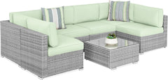 7-Piece Modular Outdoor Sectional Wicker Patio Conversation Set W/ 2 Pillows, Coffee Table, Cover Included - Gray/Cream