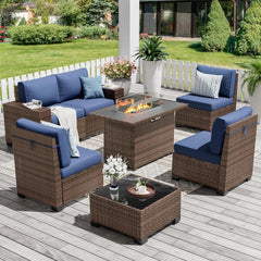 Patio Furniture Sets, 7 Pieces Outdoor Rattan Sectional Sofa Set with Glass Table and Cushions, Wicker Patio Conversation Set for Outdoor Indoor Backyard Lawn Garden Porch (Grey)