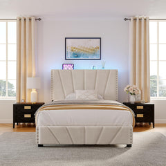 Queen Size Bed Frame with LED Lights, Storage Headboard with Charging Station, Velvet Platform Bed Frame for Apartment, Dorm, Noise-Free, Easy Assembly, Beige