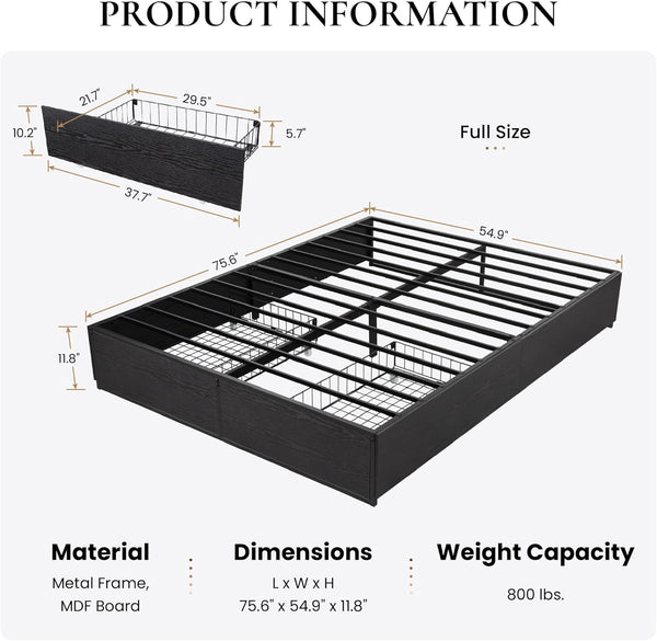 Full Platform Bed Frame with 2 Large Storage Drawers, Rustic Wood and Metal, Noise-Free, Easy Assembly, No Box Spring Needed, Black