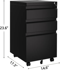 3-Drawer Mobile File Cabinet with Lock Keys | under Desk Lateral Storage Fits Legal Letter A4 | Adjustable Shelf, Easy Assembly Office Home Workspace - Dark Black