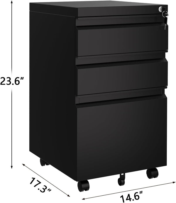 3-Drawer Mobile File Cabinet with Lock Keys | under Desk Lateral Storage Fits Legal Letter A4 | Adjustable Shelf, Easy Assembly Office Home Workspace - Dark Black