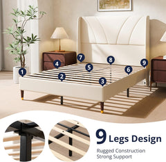Full Size Bed Frame with 51.2" Tall Curved Wingback Headboard, Linen Upholstered Platform Bed, Soft Fabric/Noise-Free/Wooden Slats Support/No Box Spring Needed/Easy Assembly, Beige