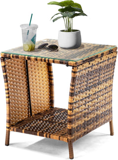 Outdoor Wicker Side Table Patio Side Tables for Outside, Tempered Glass Top Wicker Table with Storage End Table for Balcony Porch Deck (Brown)