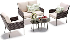 5 Pieces Patio Furniture Set,Outdoor Conversation Set with 2 round Side Tables,Modern Metal Outdoor Couch with Waterproof Cushions for Backyard,Porch,Beige