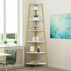 Tall Corner Shelf Stand, 4-Tier Display Shelves, Ladder Corner Wood Storage Plant Bookshelf with Metal Frame, Versatile Shelving Unit Bookcase for Home Office Space, Rustic Oak