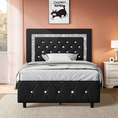 Queen Bed Frame with Diamond Headboard, Faux Leather Upholstered Platform Bed, Mattress Foundation, No Box Spring Needed, Easy Assembly, Pink