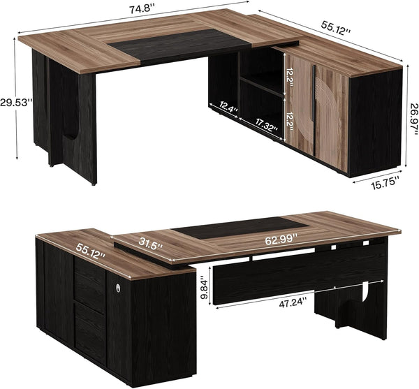 74.8 Inch Executive Desk, Large Office Desk with Cabinet, L Shaped Computer Table with Shelves and CPU Storage, Modern Home Office Desks Business Furniture Workstation Set