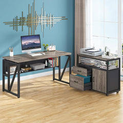 L Shaped Desk with Drawer Cabinet, 55" Executive Computer Desk and Lateral File Cabinet, 2 Piece Home Office Furniture with Drawers for Hanging File, Doors with Locks (Gray, 55 Inches)