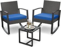 3 Pieces Patio Furniture Set Rocking Bistro Set Outdoor Rattan Conversation with Coffee Table for Garden Balcony Backyard Poolside (Grey Cushion)