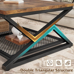 Coffee Table with Storage, Modern Coffee Tables for Living Room with Mesh Shelf, 2 Tier Rectangular Center Table for Living Room, Bedroom, 47.2 Inch, Rustic Brown