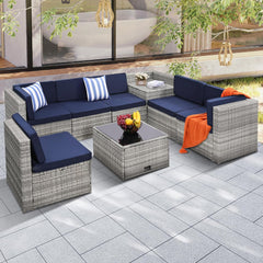 6-Piece Outdoor Patio Furniture Set - Sectional Sofa, Dining Table & Chairs Included, All-Weather Dining Set with Ottoman, Grey Wicker and Grey Cushions