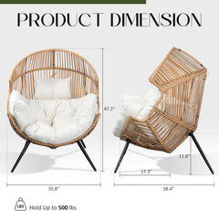 Egg Chair Wicker Outdoor Chairs, Oversized Patio Chair Oversized Lounger Chair with Cushion for Indoor Living Room, Bedroom, outside Patio Backyard Balcony, Beige