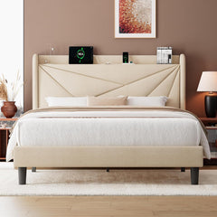 Full Size Bed Frame with Charging Station, Linen Platform Bed Frame with Wingback Headboard Upholstered Bedframe, Solid Wood Slats Support, No Box Spring Needed, Easy Assembly, Dark Grey