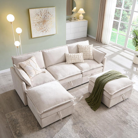 88.98" Cloud Couch Sectional with Large Storage, Modern U-Shape 3 Seater Modular Couch Sofa with Ottoman, Chenille Sofa with Deep Seat & Pillow for Living Room, Bedroom, Beige White