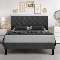 Queen Bed Frame with Headboard, Linen Fabric Upholstered Bed Frame Queen, Wood Slats Support, Button Tufted, No Box Spring Needed, White
