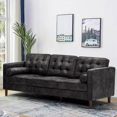 84" Suede Leather Sofa with 2 Soft Pillows, Tufted Modern Sofa with Sturdy Wooden Legs, 3 Seats Couch for Living Room, Office, Bedroom, Grey