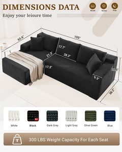105 Inch Cloud Sectionl Couch,Modern Modulr Sectionl Sof with Deep Set,Corduroy Boneless Couches with L-Shpe Chise for Living Room Bedroom,No ssembly Required (Blck, Left Fcing Chise)