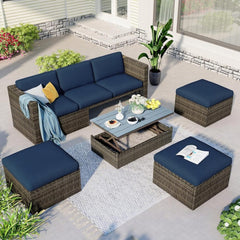 6 Piece Outdoor Patio Furniture Set with Lift Top Table & Ottomans, Outdoor Sectional All Weather PE Rattan Wicker Sectional Furniture Chair Set with Cushions and Tea Table (Dark Gray)