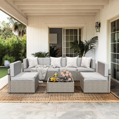 7-Piece Outdoor Sectional Furniture Set, All-Weather Wicker Patio Sofa with Washable Cushions, Gray Waterproof Rattan Conversation Set for Backyard, Poolside, Garden (Gray Cushions)