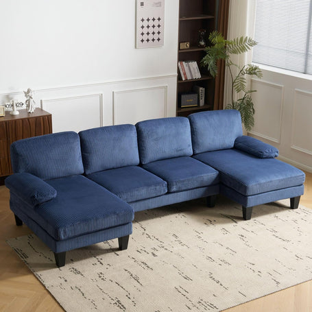 110" Sectional Couches for Living Room,U Shaped Couch with Double Chaise, 4-Seat Sofa Set with Corduroy Fabric for Home Furniture,Ocean Blue